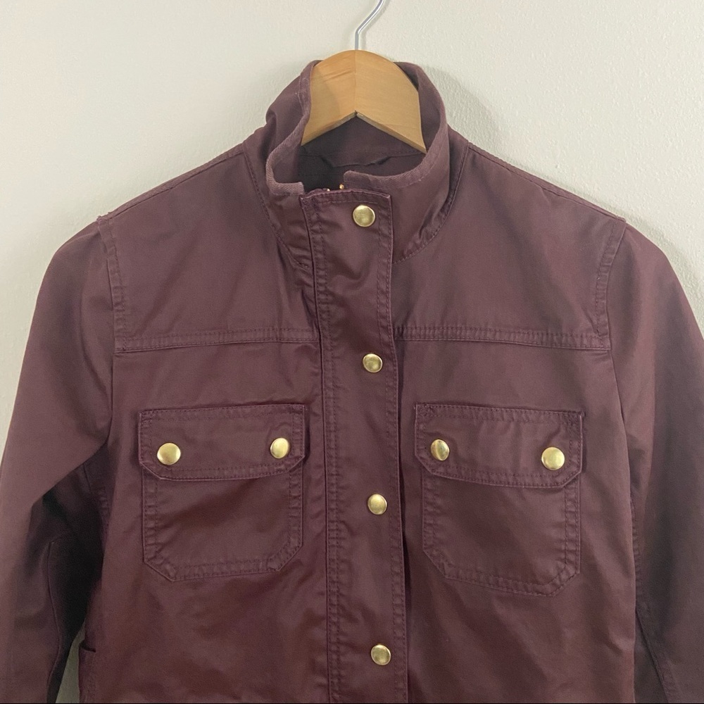 J. Crew Downtown Field Jacket Burgundy Wax Cotton Snap Buttons Sz PM - Picture 2 of 11